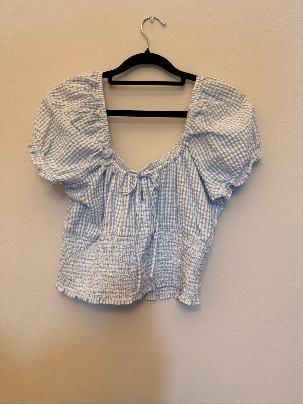H&M Light Blue Gingham Puff-Sleeve Peasant Blouse